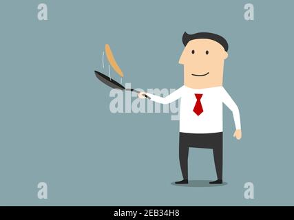 Cartoon smiling businessman making fresh pancakes on breakfast. Tasty and healthy breakfast concept design Stock Vector