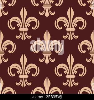 Floral royal lilies seamless pattern with classic ornament of heraldic fleur-de-lis on dark brown background. Wallpaper or textile accessories design Stock Vector