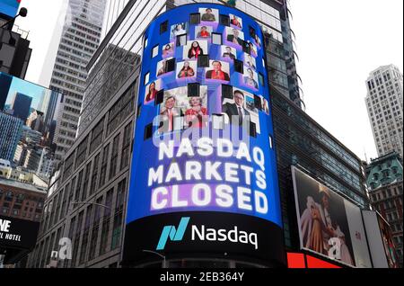 New York, USA. 11th Feb, 2021. The Nasdaq's outdoor display shows guests attending a virtual closing bell ceremony to celebrate the Chinese Lunar New Year in New York, Feb. 11, 2021. The U.S. stock exchange Nasdaq celebrated the Chinese Lunar New Year by holding a virtual closing bell ceremony on Thursday afternoon. Credit: Wang Ying/Xinhua/Alamy Live News Stock Photo