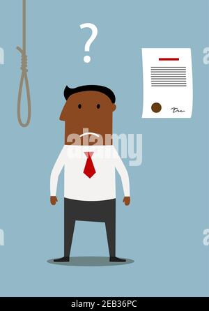 Depressed african american businessman choosing between debt noose and bankruptcy. Difficult choice or financial failure concept Stock Vector