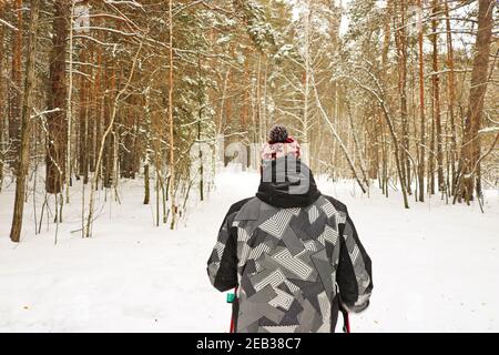 Man goes in for winter sports - nordic  walking, walks with sticks through a snowy forest. Active people in nature. Stock Photo