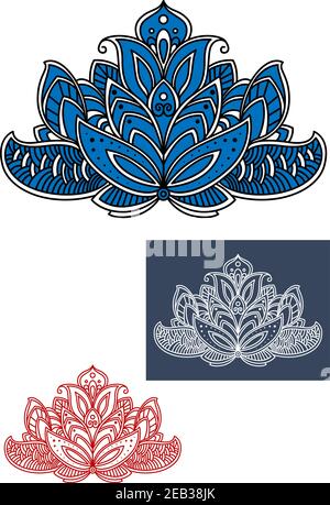 Blue and white indian paisley flower adorned by carved ornament with traditional flourishes and curls. Isolated on white Stock Vector