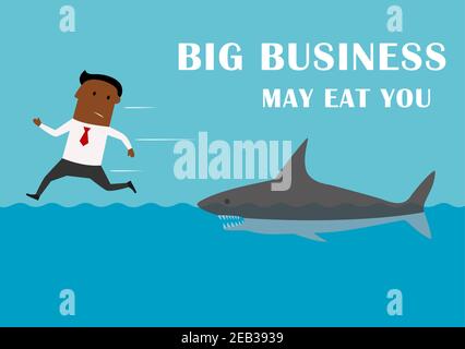 Scared african american businessman running away from dangerous competitor of big business angry shark. Big business may eat you, cartoon business con Stock Vector