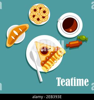 Teatime food flat icons of served table with cup of fresh tea, piece of apple pie, cookies with jam, sweet bun and candies Stock Vector