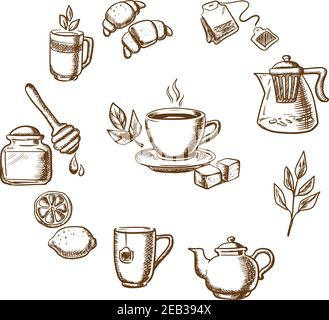 Herbal tea, dessert and bakery sketch icons with cup of hot tea on saucer, mint leaves, sugars, lemon and croissant surrounded teapots and cups, honey Stock Vector