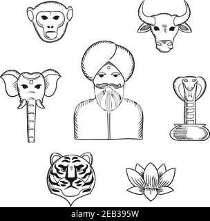 Indian nature and national symbols in sketch style with indian man in turban with holy cow, elephant, cobra, monkey, lotus, tiger. For travel design u Stock Vector