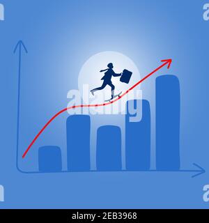 Businessman riding skateboard on red financial graph in the background of blue gradient shade illustration vector. Stock Vector