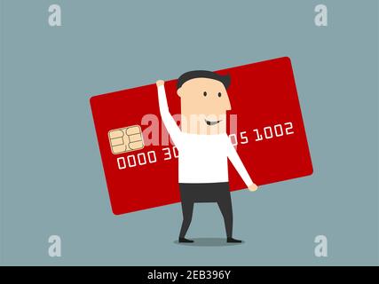 Cheerful businessman standing with big red credit card. Banking service, finance and shopping concept design usage Stock Vector