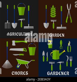Tools for gardening and agriculture work with flat icons of shovels, rakes, pitchfork, buckets, axe, saw, shears, green plant, watering can, spray bot Stock Vector
