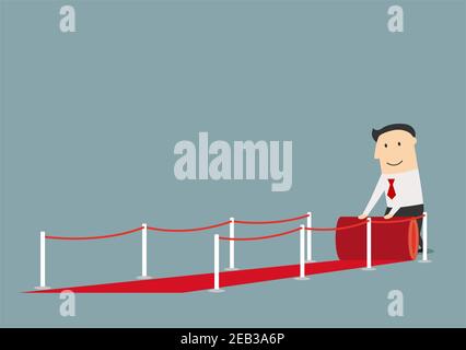 Cheerful cartoon businessman rolling out the red carpet between barriers. Success business concept design Stock Vector