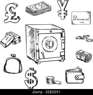 Money, currency and finance sketch icons with safe, surrounded by money roll, bank credit card, stack of dollar bills, coins, gold bars, dollar, pound Stock Vector
