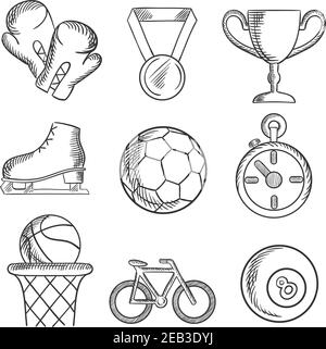 Sketched sport games icons with basketball, soccer , football, ice skating, boxing gloves, cycling and bowls with a winners medal, trophy and stopwatc Stock Vector