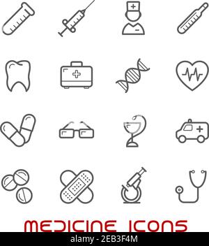 Medicine and health thin line icons set with silhouettes of hospital and pharmacy signs, nurse, ambulance, first aid box, pills, syringe, stethoscope Stock Vector