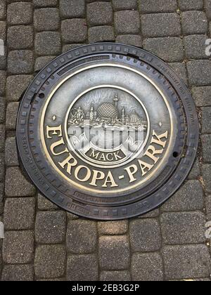 Manhole cover in Europa park - the largest theme park in Germany. Stock Photo