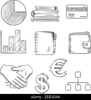 Sketched business icons with a pie and bar graph, dollar and euro currency symbols,bank credit card, purse, handshake, flow charts, notebook and books Stock Vector