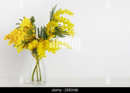 Bouquet of yellow mimosa flowers in a vase background. Concept of women's or mothers day Stock Photo