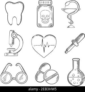 Medical and healthcare sketched icons with a tooth, dentistry, poison, microscope, heart with ECG, spectacles, dropper and laboratory tube. Sketch sty Stock Vector