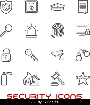 Security and protection thin line style icons with web security shield, padlock, key, safe, gavel, video surveillance, fire security, patent, handcuff Stock Vector