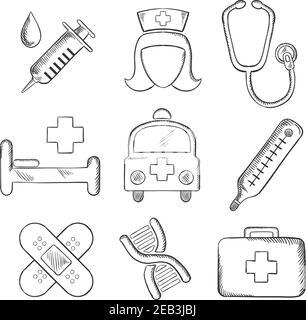 Sketched medical and healthcare icons with a syringe, nurse, stethoscope, bandages, DNA, ambulance, thermometer, first aid kit and hospital bed isolat Stock Vector