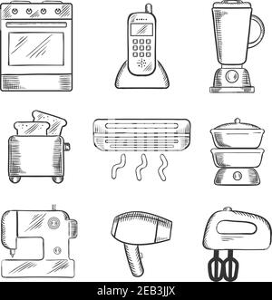 Home appliance sketched icons set with on oven, telephone, liquidizer, toaster, heater, steamer, sewing machine, hairdryer and egg beater. sketch styl Stock Vector