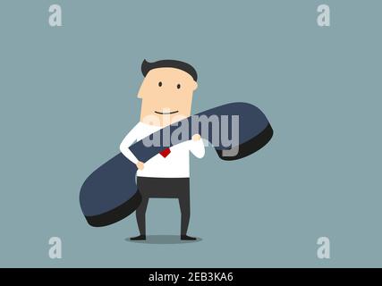 Friendly smiling cartoon businessman with large old blue handset. Great for contact or call us, customer support, call center design Stock Vector