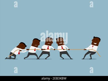 Business competition and human resources concept. Cartoon smiling businessman is easily winning a tug of war battle with a group of businessmen Stock Vector