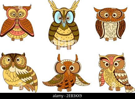Cute cartoon owls, owlets and eagle owl birds with ornamental feathers, decorated by strips and spots in pastel colors. Halloween mascot, education em Stock Vector