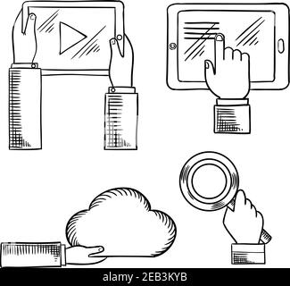 Internet communication technologies concept design for cloud computing, social media network and search service with sketch icons of hands with tablet Stock Vector