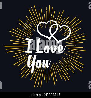 I Love you text in strarburst or firework shape on dark background. For Valentine Day holiday, love concept or greeting card design Stock Vector