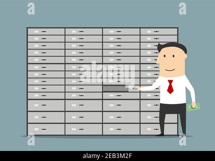 Cartoon businessman opening a safe depository box in bank vault and adding money. Banking safety, save money and savings concept design usage Stock Vector