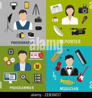 Professions flat icons of musician with musical instruments, photographer and reporter with equipment, photo and newspaper, programmer with computer, Stock Vector