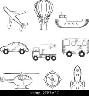 Travel and transport icons with airplane, hot air balloon, bus, truck, car, compass, helicopter, tanker and space ship Stock Vector