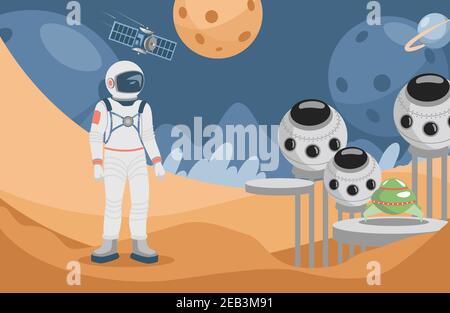 Space explorer in spacesuit standing on planet surface and looking at spaceships vector flat illustration. Astronaut walking on mars. Red planet colonization or exploration mission. Stock Vector