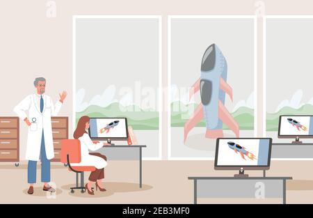 Preparing for space expedition. Space flight control center vector flat illustration. Scientists checking spaceship condition before flight. Man and woman looking at computers, inspecting spacecraft. Stock Vector