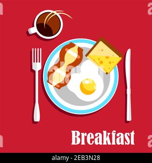 Traditional english breakfast menu with cup of hot coffee, fried egg with crispy slice of bacon and sandwich with toasted bread and cheese, served on Stock Vector
