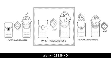 Paper disposable handkerchiefs pocket tissues pack icon set. Napkins bag. Dry clean wipes package for personal skin or nose hygiene. Outline vector Stock Vector