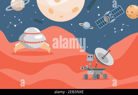 Planet exploration vector flat poster concept. Mars rover on red planet surface, space exploring, scientific research with robotic vehicles. Outer space with moon, planets, stars, and satellites. Stock Vector