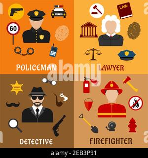 Firefighter, detective, policeman and lawyer profession flat icons with justice, security, fire protection, investigation and legislation symbols Stock Vector