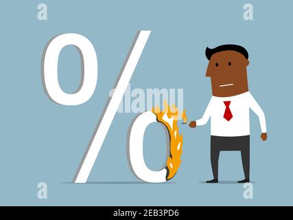 Confident serious cartoon dark skinned businessman burning a high percent sign. Reduction of loan percents and rate interest theme Stock Vector
