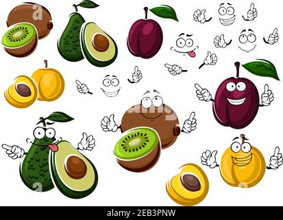 Avocado pear, purple plum, yellow peach and fresh kiwi. Healthy cartoon tropical fruits halved and whole in two variations with or without smiling fac Stock Vector