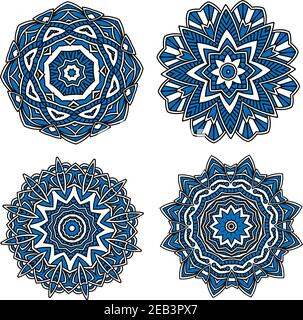 Blue circular floral patterns with white delicate openwork ornament and flower elements. May use as textile, carpet or tile design Stock Vector