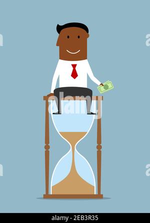 Time is money business concept. Cheerful accomplished businessman sitting on the top of hourglass and holding dollar bills in hand Stock Vector