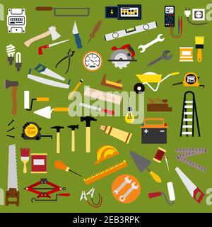 Builder, electrician, mechanic, painter, carpenter, shoemaker and bricklayer tools and equipment. Flat icons of hammer, spanner, paint brush, roller, Stock Vector