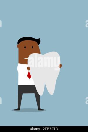 Pleasant smiling cartoon african american businessman standing with a large white healthy tooth in hands. Health insurance or dentistry theme design u Stock Vector