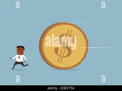 Escape from debts, inflation or financial crisis concept design. Scared businessman running away from huge golden dollar coin Stock Vector