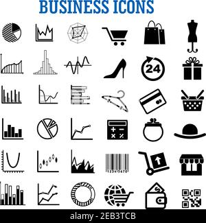 Business, finance, shopping, retail and commerce flat icons with charts, online store, bank credit card, shopping cart, diagram, bags, gift, basket, h Stock Vector