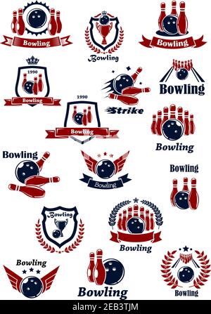 Bowling club or tournament icons and symbols design in red and blue colors with balls, ninepins, strikes and trophy cups on lanes. Adorned by wreaths, Stock Vector