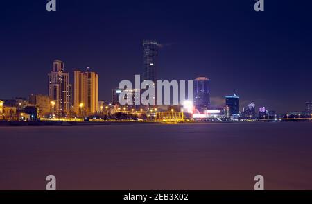 The view of Yekaterinburg-City - the modern commertial district on the embankment of the Iset River at night time.  Yekaterinburg. Russia Stock Photo