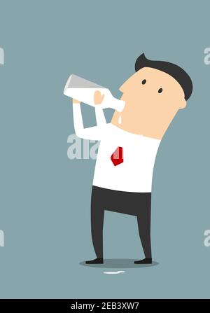 Healthy breakfast theme. Cartoon businessman drinking fresh milk from a glass bottle Stock Vector