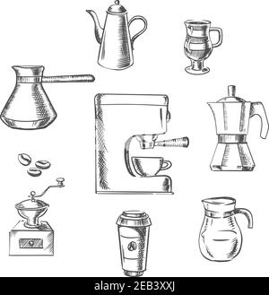 Beverage icons with grinder, kettle, pot, sugar, beans, cups and coffee maker around coffee machine. Sketch style Stock Vector
